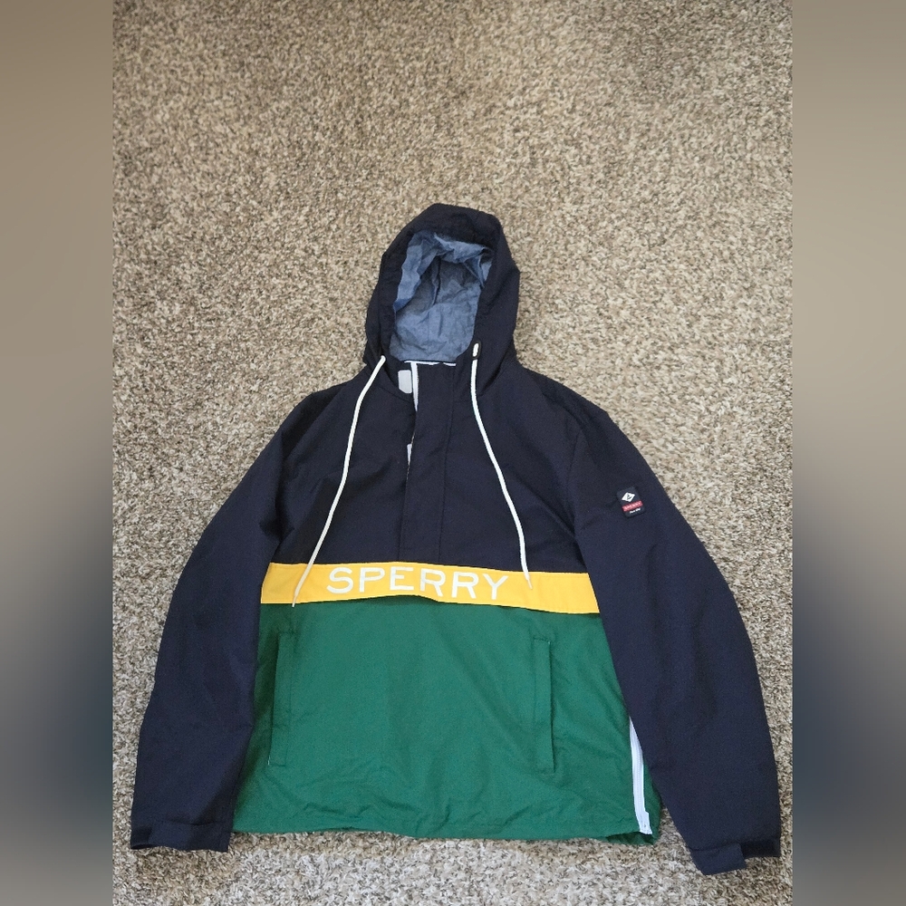 Sperry Windbreaker Blue Green Hoodie Jacket Lightweight Long Sleeves